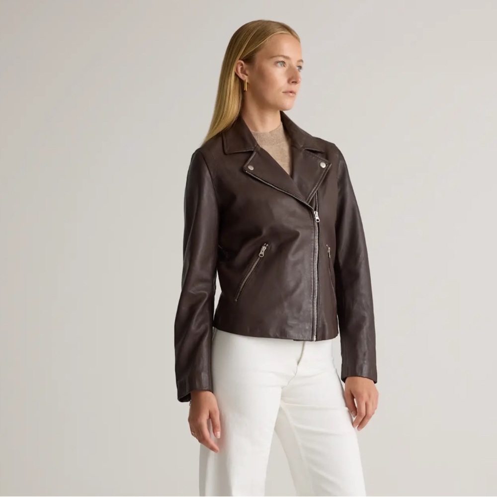 Quince Womens 100% Leather Biker Jacket Brown S